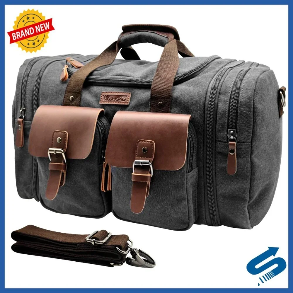 Retro Canvas Leather Duffle Bag Expandable Weekender Carry On Travel Duffel